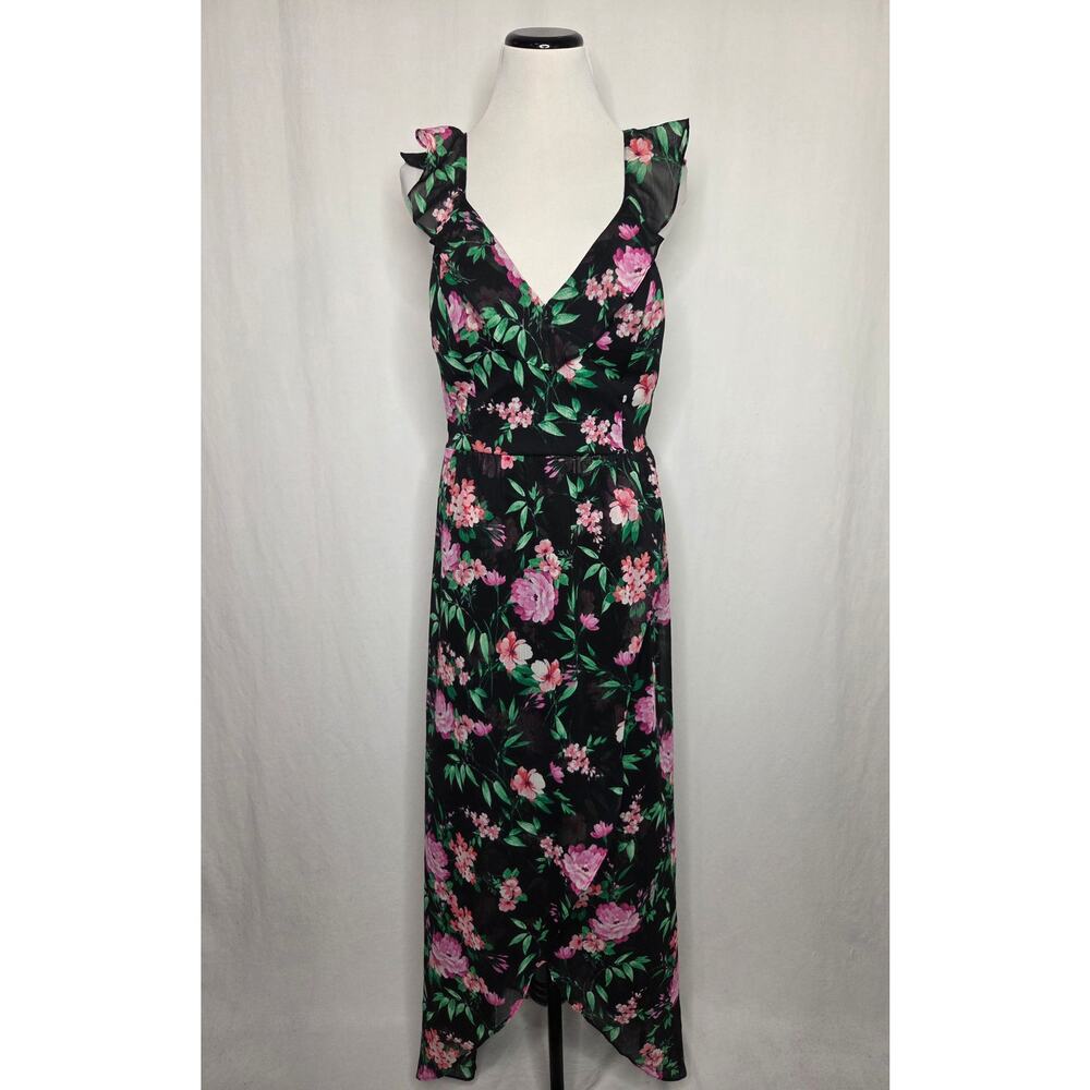 GUESS Ruffled High-Low Sleeveless Maxi Dress Black Pink Floral Size 10 - Picture 5 of 14